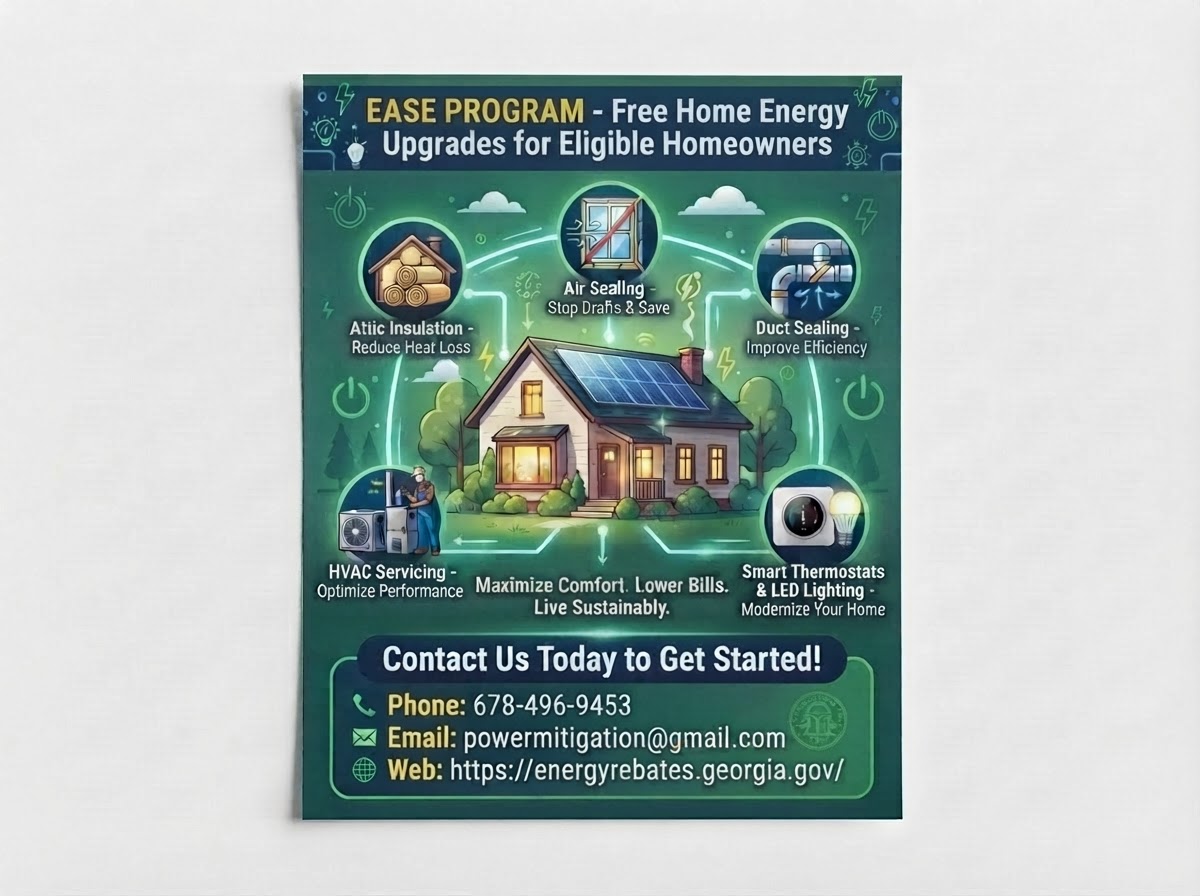 EASE program flyer describing free home energy upgrades for eligible Georgia homeowners
