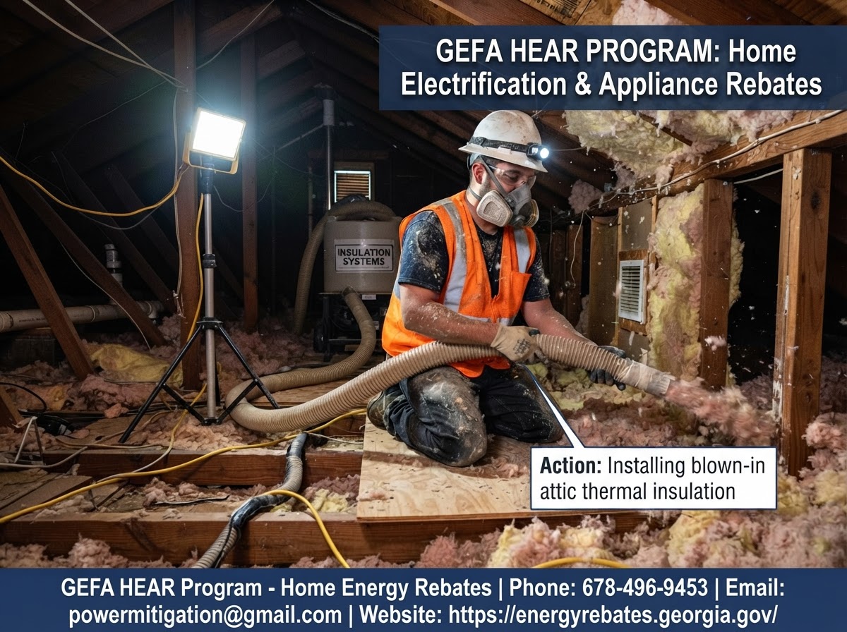 Installer adding blown-in thermal insulation in a Georgia attic under the GEFA HEAR program