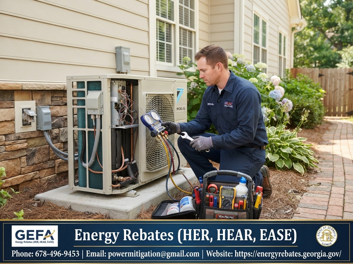 Technician servicing a high-efficiency heat pump system at a Georgia home