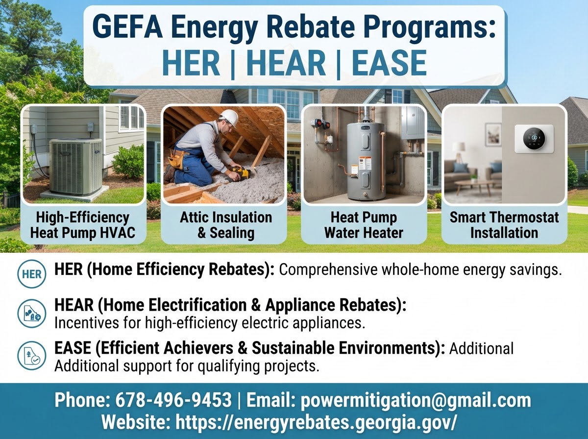 GEFA energy rebate programs overview showing heat pump HVAC, attic insulation, heat pump water heater, and smart thermostat upgrades