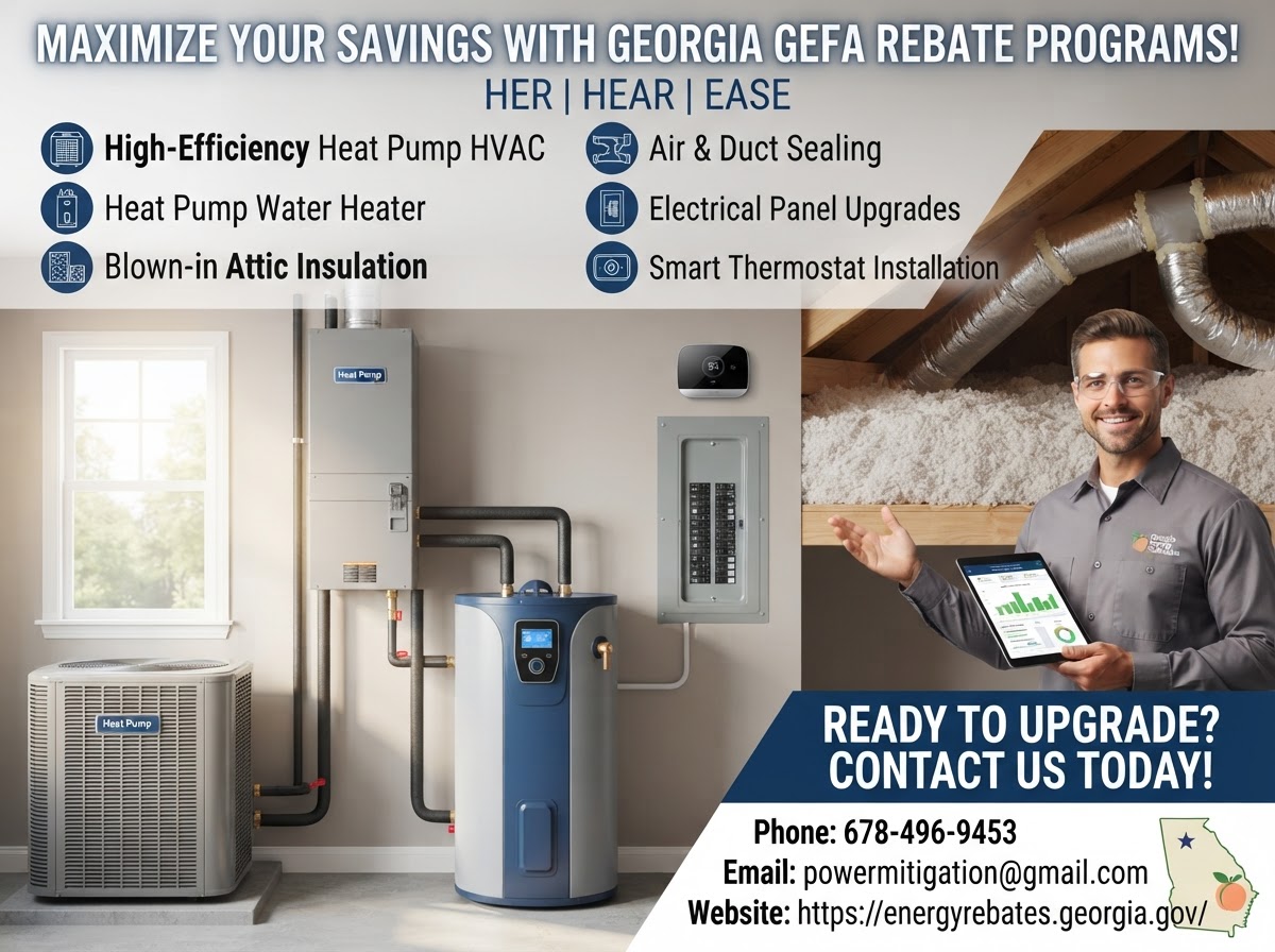 Qualifying upgrades including heat pump HVAC, heat pump water heater, blown-in attic insulation, air and duct sealing, electrical panel upgrades, and smart thermostats